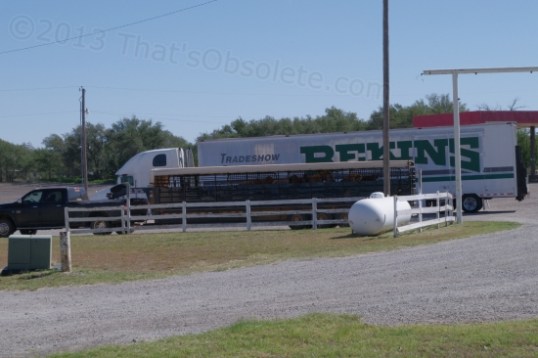 A horse trailer, whose driver stopped for some grub at the adjacent restaurant in Texola, OK.