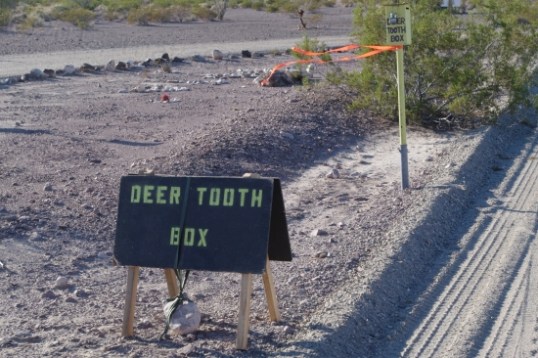 This "deer tooth box" and sign were at the entrance to the bad road to Queen Canyon. What's up with that????