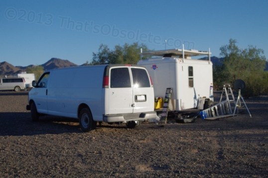 Bob's own setup is above. He lives in the trailer, and uses the van for storage. Notice the satellite TV dish! He was afraid some of his readers might give him guff for veering off the Minimalist path to righteousness, but he likes watching TV at night!
