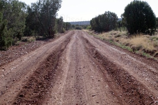 This is the road, post-mush. The ruts don't appear too bad in this photo, but are, being 8-10" deep in places. That's more than my trailer can clear.