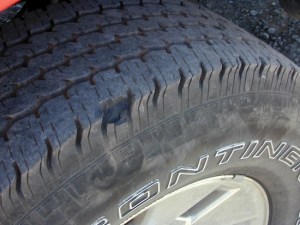 Oops! One of several chunks missing on the Furd's tires. UV rays, heavy loads and bad roads are a trial for them.