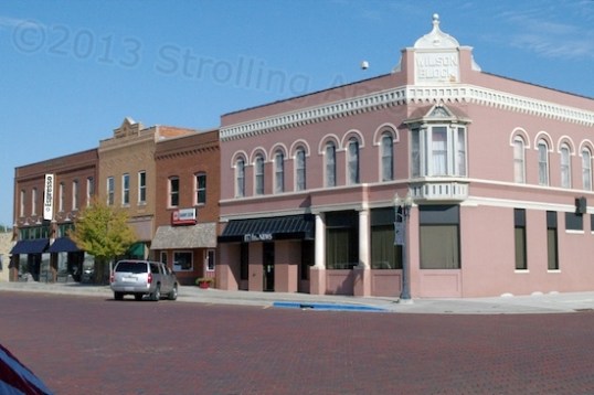 The town square is surrounded by brick-paved streets, and all of the businesses are clustered there and along the highway through town.