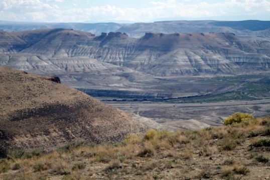 The view south of my campsite shows I-80 itself, along with a railroad track. The town of Green River is split in half by a large railroad yard.