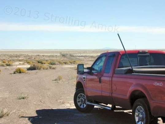 There's no particular point in taking this shot, but it does show my road heading down to a "Y". To the left is the 4-mile trek to the salt, and to the right is the road to I-80. That pipe in the truck is the Tankmin's vent tube.