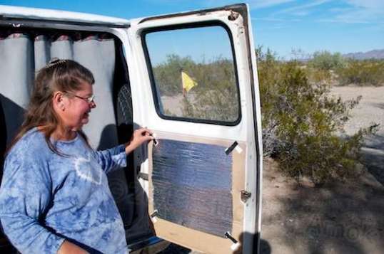 A Swanknovation, Reflectix is stored out of the way with Vecro tabs.