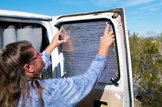 When needed, the Reflectix is easily placed against the window to minimize radiant heat gain.