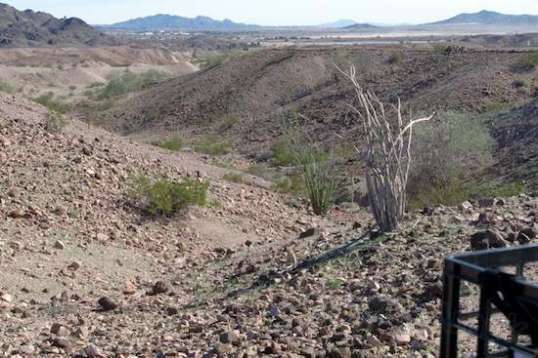Looking off the passenger-side rear of the trailer, that's the bike's basket in the corner. 3/4ths of the pad is framed in gullies like this.