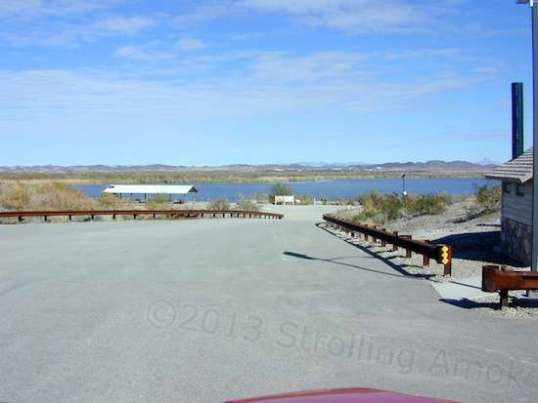 A tiny segment of Mittry Lake as seen from the boat trailer area. The ramps are to the right and a large picnic canopy is to the left. 