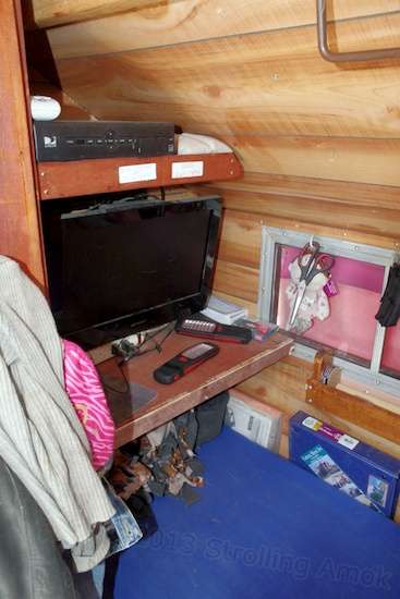 And at the foot of the bed, the TV and satellite box.