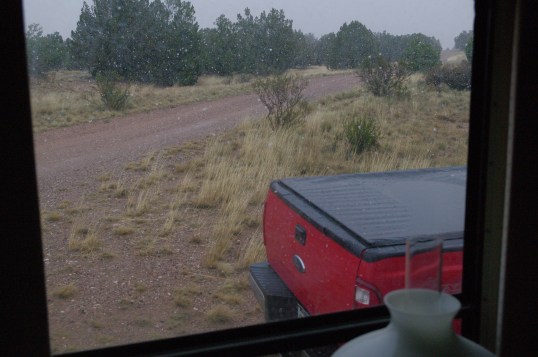 Hard to see, but those white spots are snowflakes! The sleet came later.