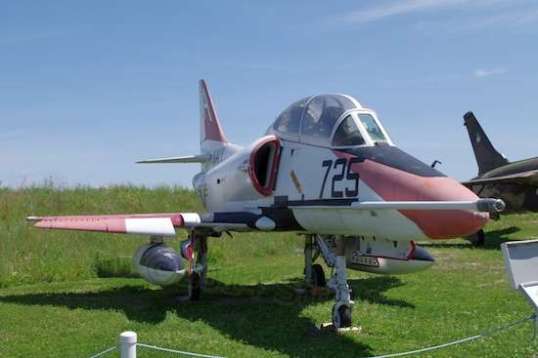 This McDonnell-Douglas TA-4 fighter/attack was designed for the Navy for carrier duty, coming into service in 1954. It is so small and light that it didn't need the traditional folding wings to pack a bunch of them onto an aircraft carrier. Production didn't end until 1979. A combination of nimbleness and speed, with an ability to deliver bombs and missiles still keeps them in use in several foreign air arms. They're like a flying Swiss Army knife.