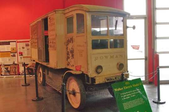 This 1911 Walker Electric Model 43 was built and bought in Chicago for use by the Bowman Dairy for delivery to restaurants and hospitals. It could carry an incredible 6,000 pounds and go 40-50 miles on a charge. Electric trucks predate gas trucks and dominated the market because of operating costs and the lack of downtime. The nations infrastructure at the time  offered no inter-city roads, and railroads delivered the goods. So electric trucks were best suited to take it from there. One populations began to fan out and roadways were created, the improved gas trucks made more sense and took over.