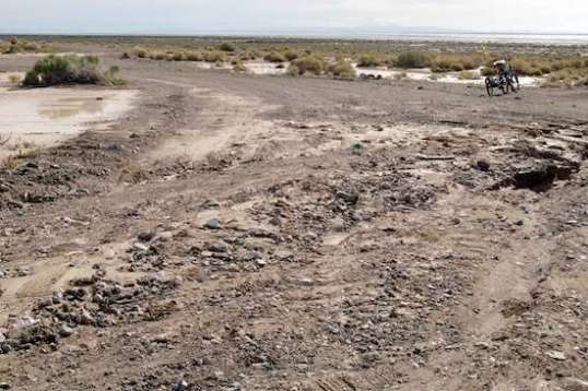 Here I'm standing on Leppy Pass and looking at the good part of the Silver Mountain Byway intersection. This is easily done with the trailer, as long as I'm willing to only turn right to go all the way up Leppy Pass, and then look for a place to turn around to head back toward I-80. The area to the right in this photo has a deep gully and is a real problem. Leppy's shoulder damage on the other side prevents a hard left turn.