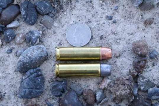 Cartridges for the S&W 500 are one-half inch in diameter. The upper round is a Magtech 275 grain SCHP hollow point, while the lower round is an Underwood 440 grain LFN-GC, which is a cast flat tip.