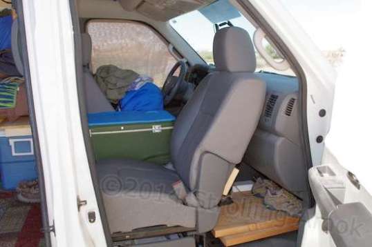 Reversed on its factory mounts, the passenger seat makes a nice, comfortable chair.