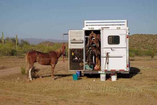 I didn't look to see the stall setup, but nearly all horse trailers include some sort of tack room where all the gear can be stored properly. Saddle weight can get impressive, so you won't see any setups that don't let you get up close and personal. 