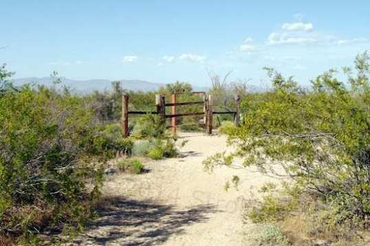A gate at a bend in the trail, possibly at private property. In any case, the reddish pole on the far side keeps ATVs from wandering in.