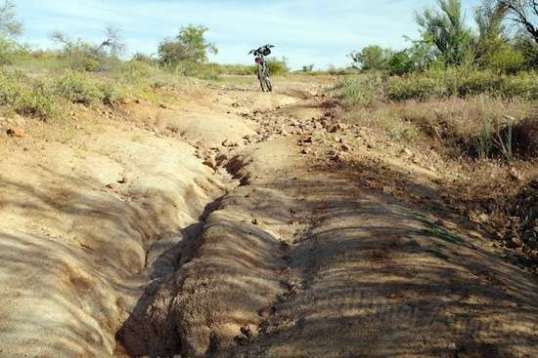 The upper part of that climb as it rises to the camping area. Made it! - at least to that bump on the left where I stalled and put a foot down. I didn't feel like abusing the motor to force my way over, so I walked it to a place I could kickstand it. Probably should have crossed to the right just before it, if the gully had enough rocks in it to make a bridge.