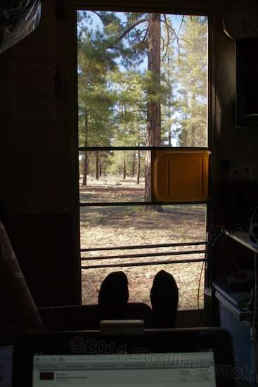 Bike stowed, trailer moved, panels deployed and iced tea in hand, the outside view while I relax and do some research is beguiling.