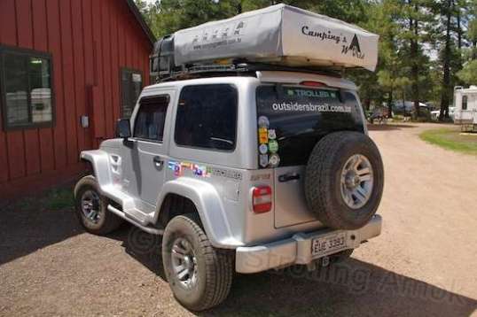I merely cruised around the camping area on my first day, since heavy rains were quickly due in. These visitors from Brazil had a Jeep that we are not offered: one with a diesel engine. Torquey when it counts, Jeep thinks they won't sell here. This one is making its way from coast to coast before moving on to another continent.