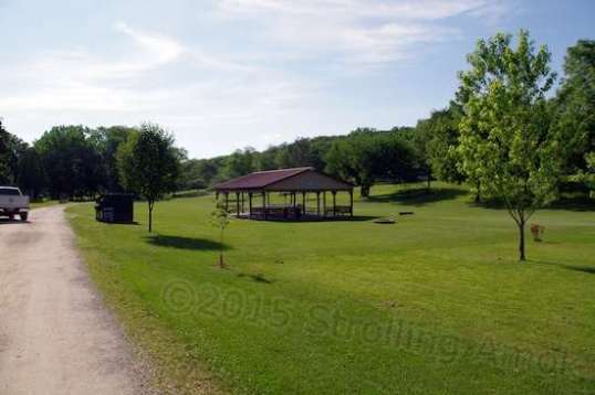 Beyond the forward end of the trailer is a grassy meadow and this 120VAC-wired pavilion, which also houses a WIfI signal.