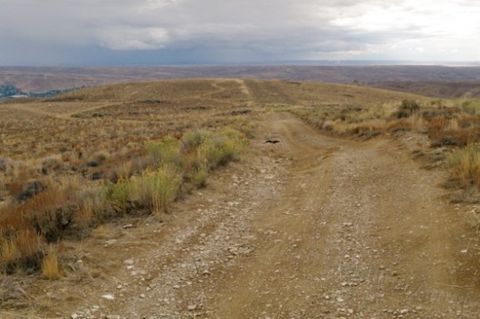 There's a campsite loop that directly overlooks the valley far below. As you can tell by this trail, access is interesting. Stay to the left to avoid the tilt, and you'd better have some ground clearance handy for an eroded drop-off not visible here.