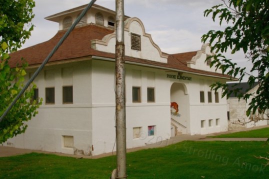 The Pioche Elementary School, built in 1909 and apart from more boards in windows, still in service today. The mission-style architecture is said to reflect the area's heritage (as a land grab from Mexico), but it strikes me more as having a forced, awkward, reinterpreted look. It's a whale, and believe it or not, for some reason it makes me uneasy to be near it.