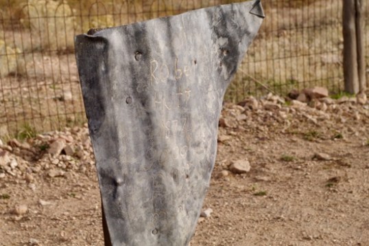 The interesting corrugated sheetmetal marker of Robert Hutt, a miner who died in 1872.