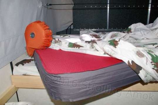 At the end of the Exped are two valves, fill and exhaust. Here the pump is attached. It's a simple foam-filled affair with a one-way valve for intake. Press the pump flat with the palm(s) of your hand and release to allow more air in. It doesn't take much work to get the pressure I need, and the pad holds air, possibly for a few days. I'll find out just how long on the road.