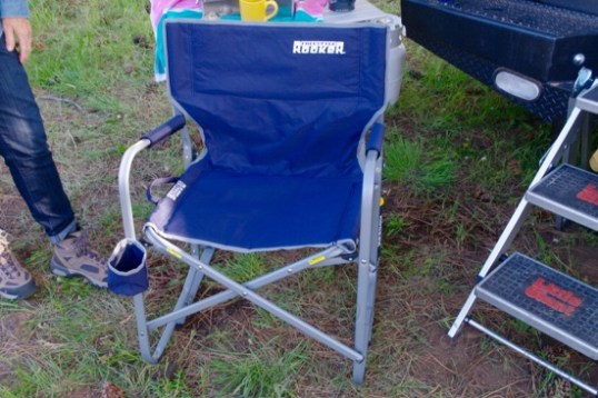 One of the many camper customers packed into the Four Wheel area showed me her favorite folding chair in the world, a rocking chair that is in fact comfortable and stable. It collapses sideways.