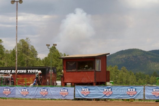 That plume of smoke over the announcer's stand is controlled burning in the area that has gone on for several days, initiated by lightning strikes that were ultimately put to constructive use. Always makes me a little uneasy though. "Where's the smoke, and where's my camper?"