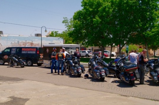 Get this: I rolled in and spotted "Woodstock Harley Davidson" on a van and trailer chase vehicle for a bike tour. A group of riders were ambling out, and they had in fact started in Woodstock, Illinois, where I'd lived nearly a decade until I hit the road!