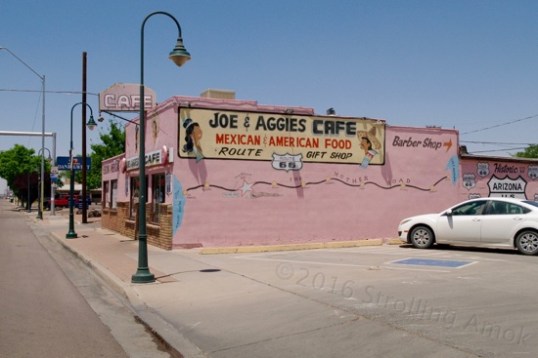 Also in Holbrook is Joe and Aggie's Cafe, a Route 66 survivor. The online reviews of this place range from glowing to spoiled brat. I expected what passes for a carefully-themed retro diner. What I got was a rather standard-issue cafe nearly unchanged from its initial opening. The decor is fake wood paneling, some Native American and some Mexican items on the walls. Family-run, it was friendly but rapid service, and my tuna salad on toast sandwich was just right.