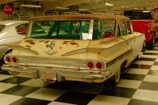 Don't rub this one with bare hands: that's rust. A 1960 Chevy Nomad. This example was priced like gold, even though low sales of the iconic 1955-57 two-door wagons (inspired by the 1950 Ford Country Squire two-door wagon) had prompted GM to start tacking Nomad nameplates on standard wagons. Real Nomads and Pontiac Safaris are worth serious money today, while this is just a rebadged Impala.
