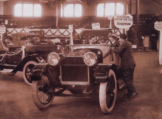 A Henderson motor car at the Indianapolis Automobile Show in March of 1913. That "new car smell" was leather in those days, not plasticizers.